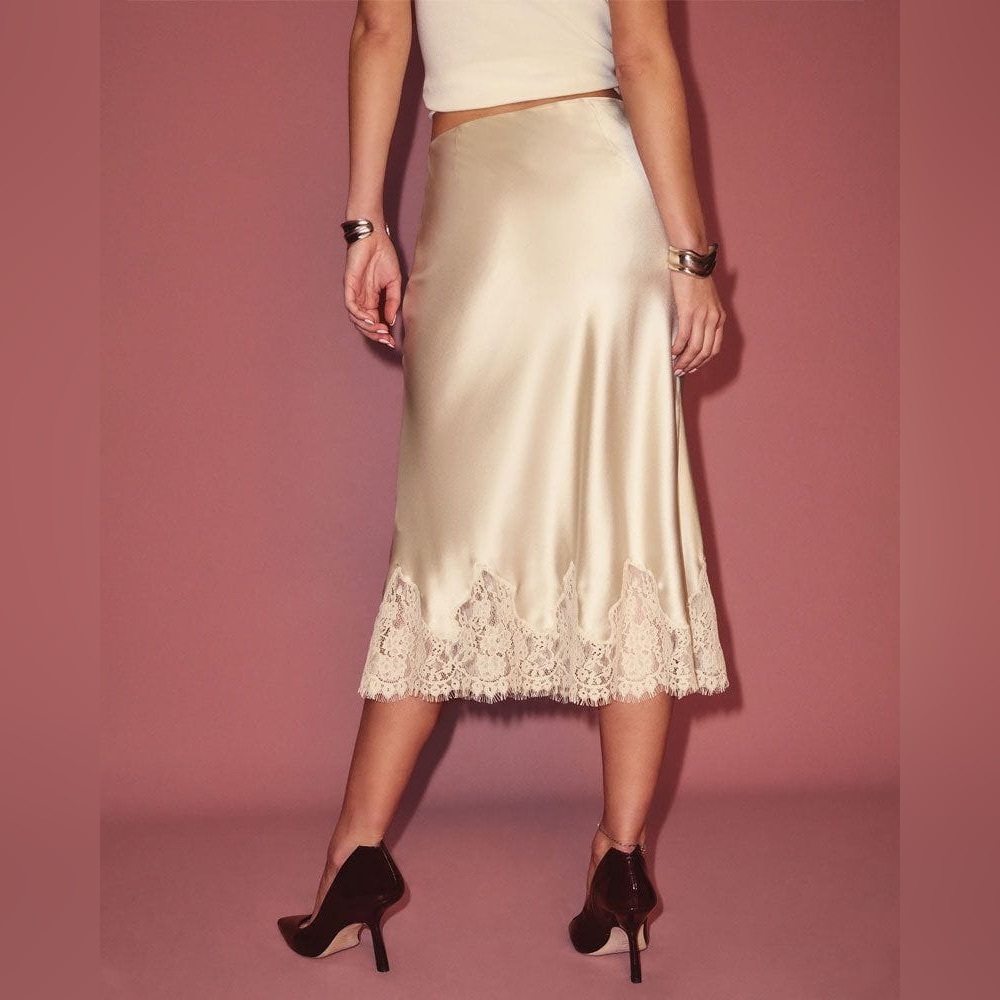 Reformation Cream Satin Midi Slip Skirt with Lace Hem - Picture 2 of 10